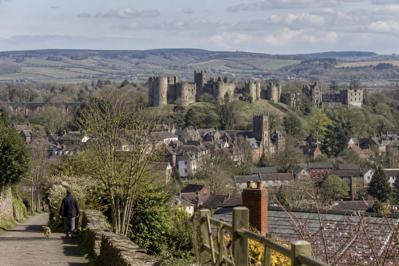 View across Ludlow towards the castle and historic town centre
