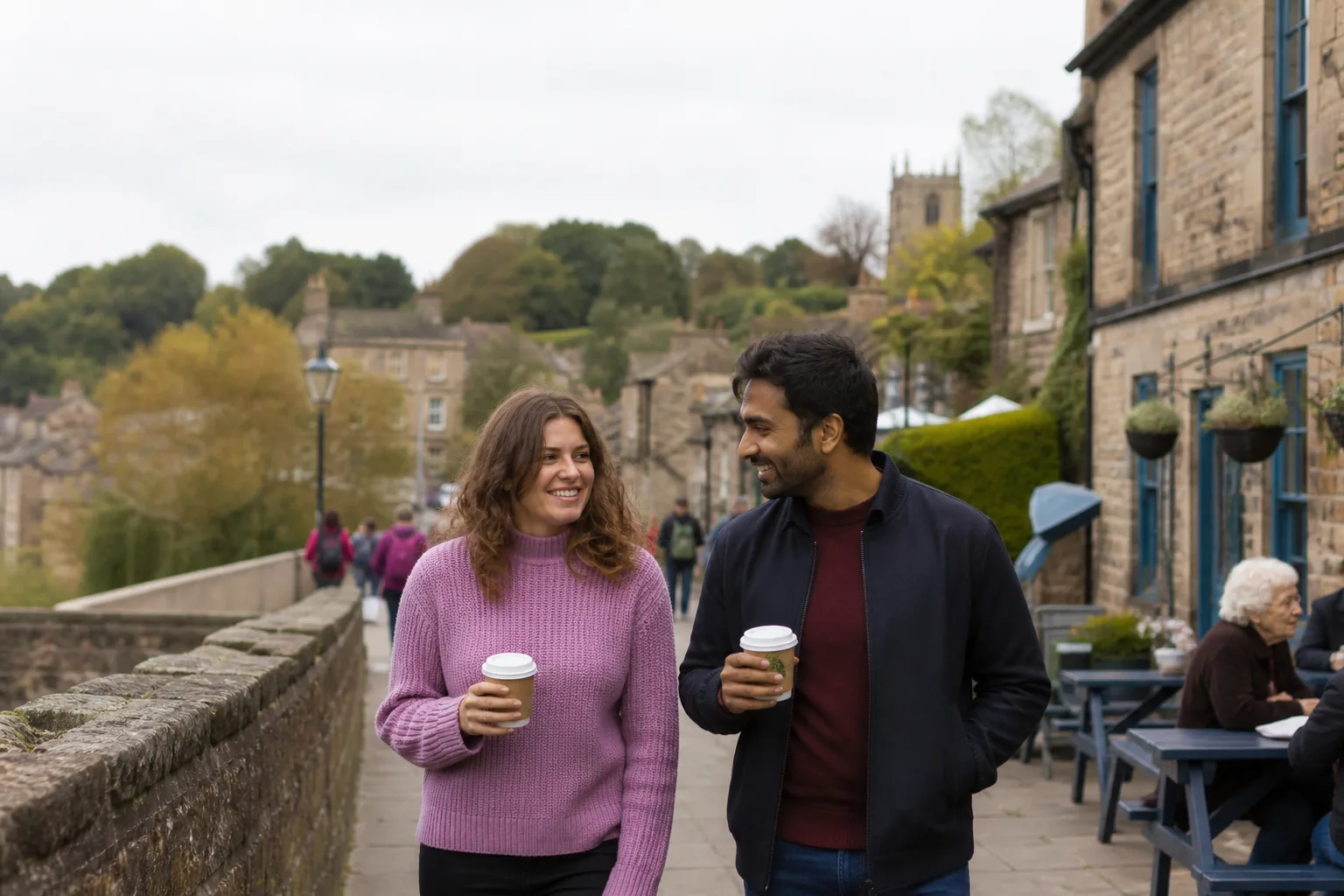 Couple walking together through the Shropshire countryside on a first date