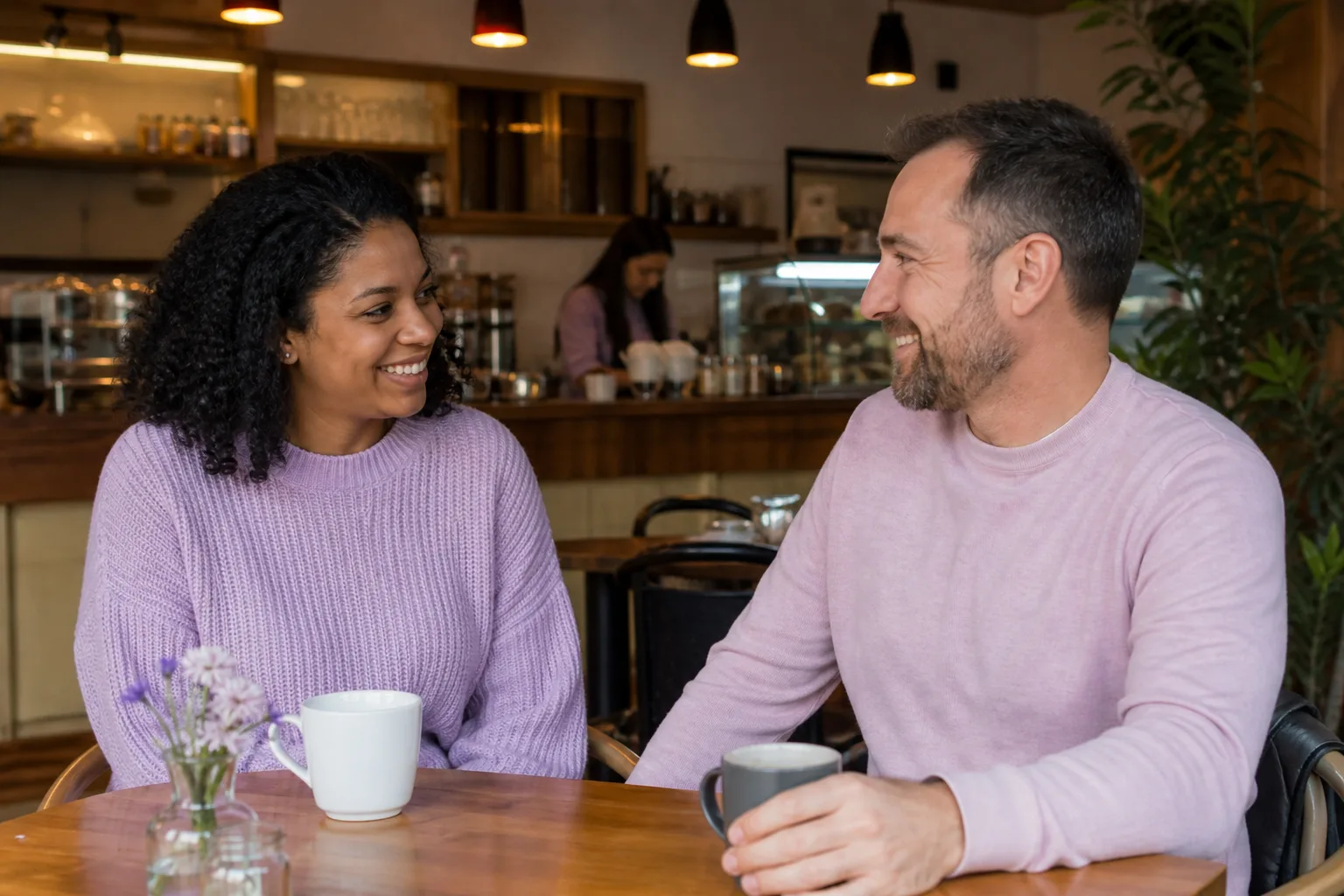 Two people talking over coffee near Southwater in Telford