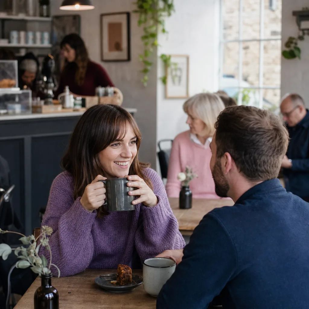 Two people meeting for coffee at a table in Ludlow